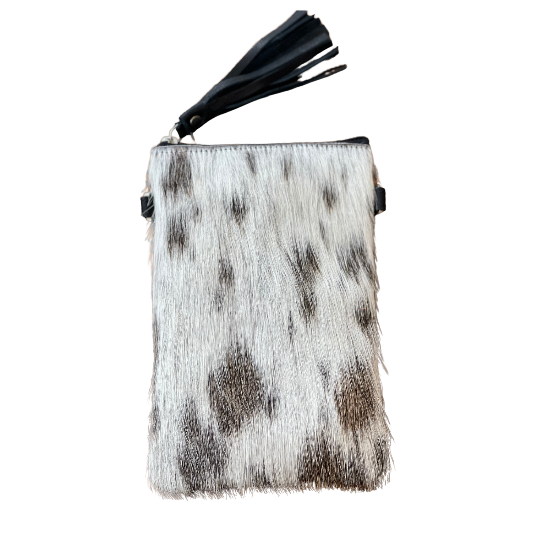Cowhide Crossbody Phone Pouch - Black & White