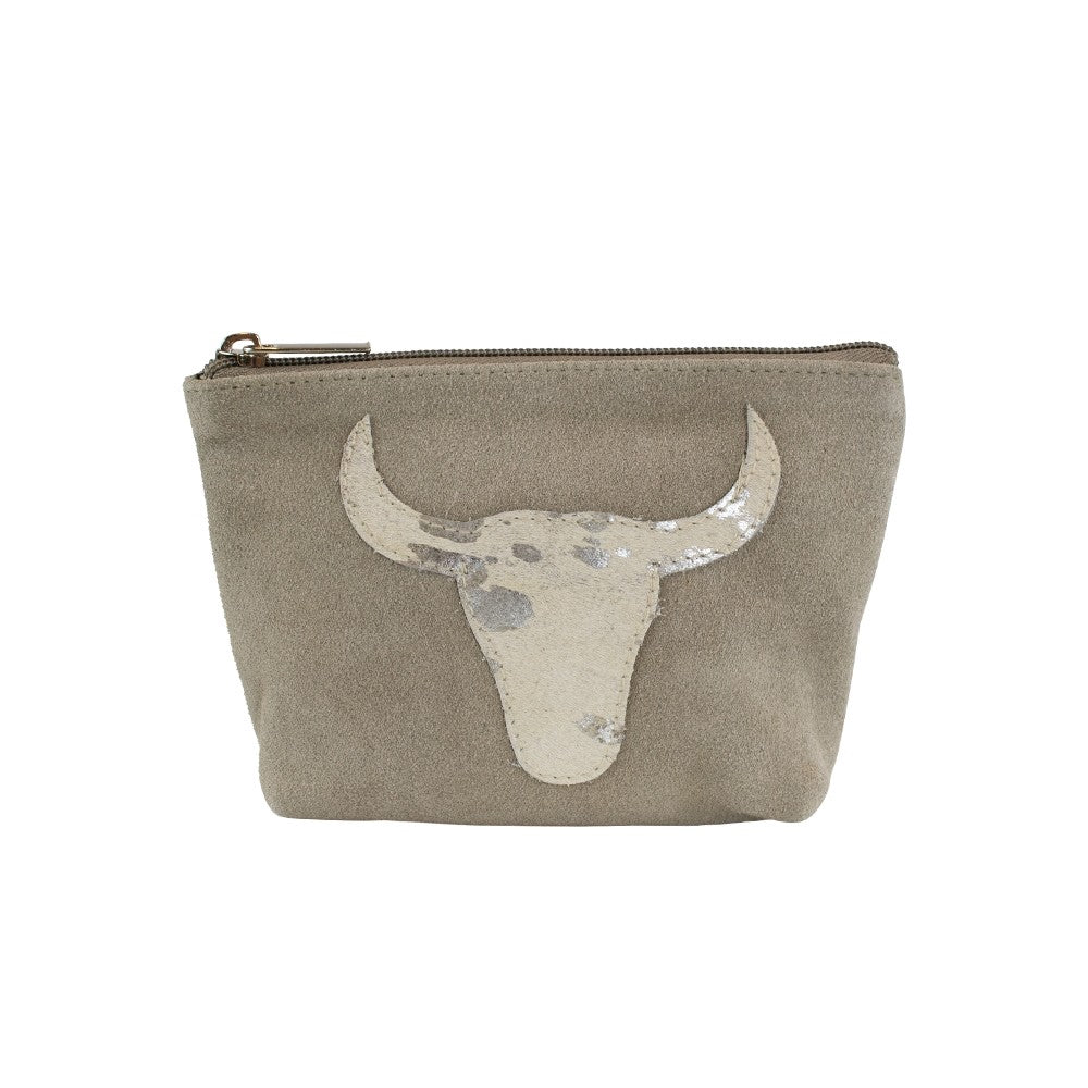 Make Up Bag/Purse with Bull Emblem – Beige