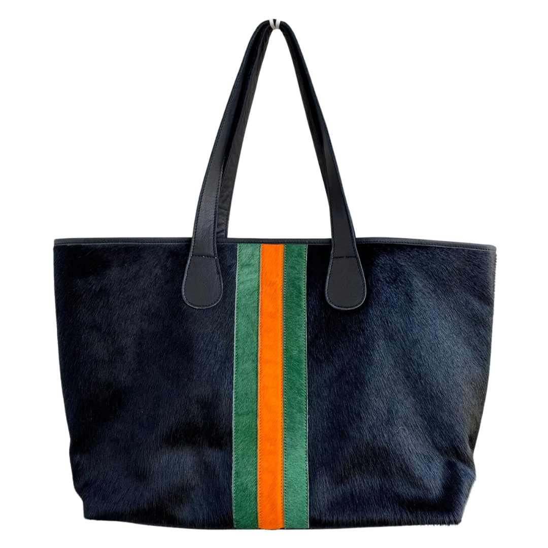 Galloway Tote Handbag – Black with Green & Orange Stripe