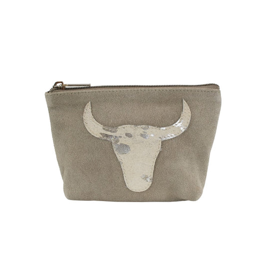 Make Up Bag/Purse with Bull Emblem – Beige